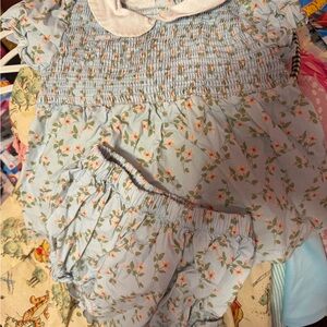 Girls' Light Blue Floral Matching Set with Peter Pan Collar